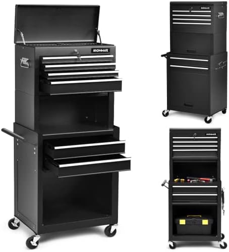 ERGOMASTER Rolling Tool Chest - Removable Top Box Large Bottom Cabinet with Casters and Lock System Tool-Box - Heighten 6-Drawer Black