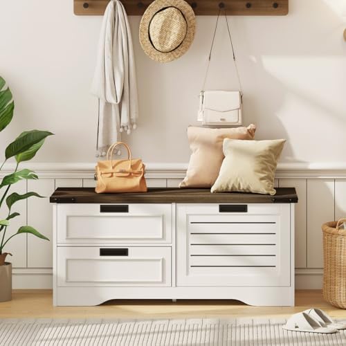 FATORRI Shoe Storage Bench with Flip Drawer, Wooden Entryway Bench, Modern Shoe Cabinet with Removable Drawers for Hallway, Living Room (Walnut Brown & White Oak)