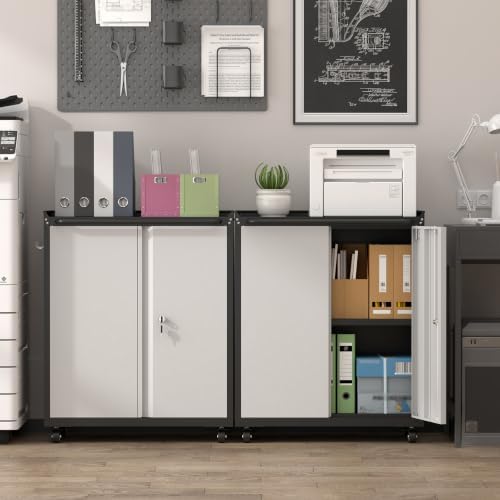 32''H Metal Garage Storage Cabinet with Wheels, Tool Storage Cabinets with Lock, Lockable Steel Rolling Tool Chest with Doors & Adjustable Shelves for Garage, Home, Office