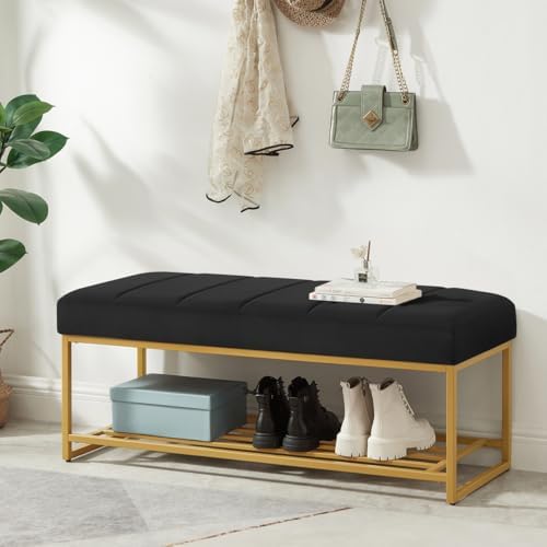24KF Black Velvet Upholstered End of Bed Bench with Metal Shelf, Modern Tufted Channel Entryway Bench Footboard Bench for Living Room, Bedroom, Gold Bench,5036-Black