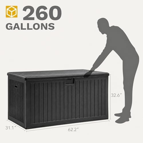 DWVO 260 Gallon Resin Outdoor Storage Box, XXL Double-Wall Waterproof Deck Box with Divider, Doubles as Table or Seating with 1000 lbs Capacity, Lockable (Black)