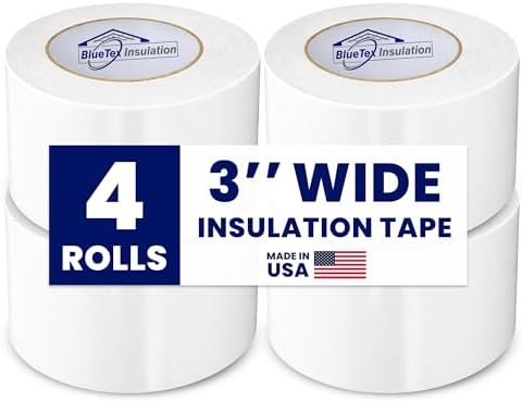 BlueTex Insulationㅤ3 Wide x 180' Long White Vapor Barrier Seam Tape - 4 Rolls Bulk Pack, Great for Crawlspaces, Waterproofing, Insulation Repairs, Underlayment Seams, Metal Building Insulation Seams