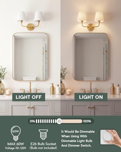 2-Light Brushed Gold Bathroom Vanity Light, Pleated Fabric Shade | 17" 2-light gold double wall sconce with white pleated fabric shades, E26 bulbs, hardwired, upward only, VL837-BG-Z-2