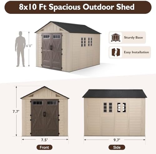 LazySunsets 8x10 Ft Outdoor Storage Shed with Light, Large Resin Outdoor Shed with Floor Included, 3 Windows & Lockable Door, Garden Plastic Storage Sheds for Bike, Lawn Tools, Garbage Can