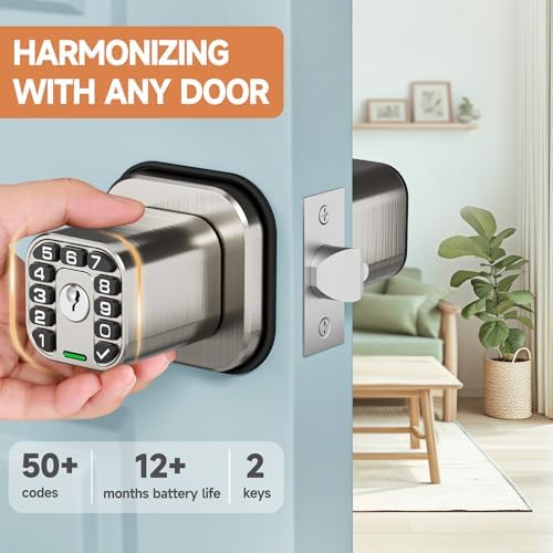 Richelock Square Door Knob with Keypad, Keylees Entry Door Lock with Cylinder, Auto Lock, Waterproof & Weatherproof Code Doorknob for Outdoor & Indoor, Bedroom, Entry Door,Office -Satin Nickel