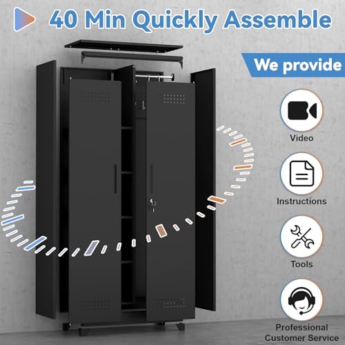 IRONFFICE Metal Utility Closet,Broom Closet Storage Cabinet with Doors and Shelves,Locking Storage Cabinets for Home Office,Gym,Laundry,Black