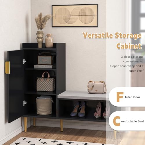 Storage Bench with Fluted Door&Shelf, L-Shaped Entryway Bench