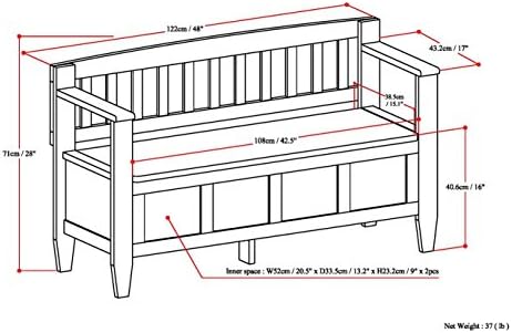 SIMPLIHOME Brooklyn 48" Wide Solid Wood Storage Bench in Dark Coffee Brown
