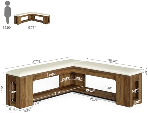 Tribesigns L Shaped Corner Bench with Removable Seat Cushion, 47.24" Farmhouse Breakfast Nook Bench, Corner Bench for Kitchen, Dining Room, Living Room