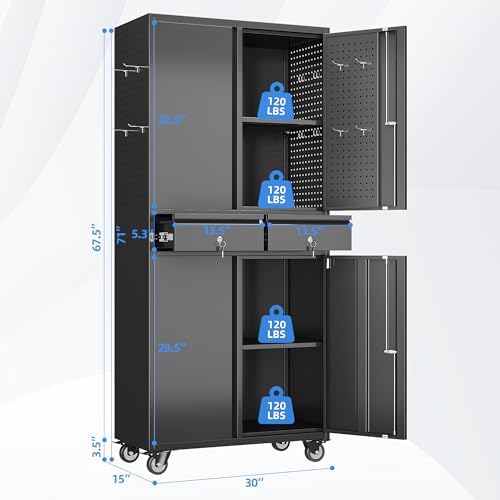 71-Inch Garage Storage Cabinet with 2 Drawers, Wheels and Pegboard