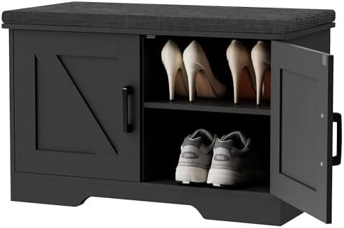 HOMSHO Farmhouse Shoe Storage Bench with 2 Barn Doors & Padded Seat Cushion