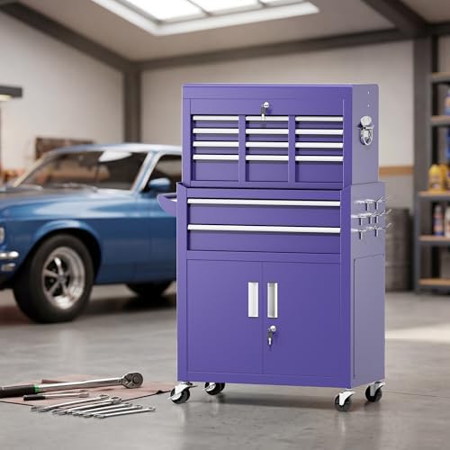 Greenvelly 8-Drawer Tool Chest with Wheels, Pre-Assembled Rolling Tool Chest, Detachable Top Tool Box, Lockable Design, Comes with Drawer Liners & Side Hooks for Garage Workshop Repair Room (Purple)