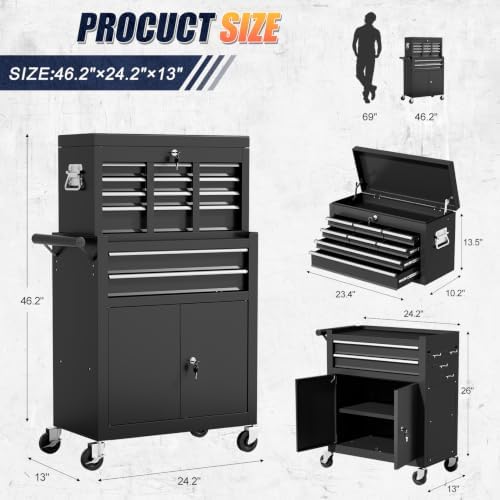 10-Drawer Rolling Tool Chest with wheels, Lockable 2-in-1 Tool Box