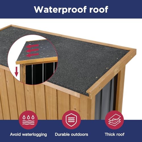 Wood & Metal Outdoor Storage Cabinet with Waterproof Roof, Garden Tool Shed with 4 T-Hinge, 4 Adjustable feet and Magnetic Door, 2 Removable Shelves, Easy Installation, 13.5" D x 34.5" W x 39" H