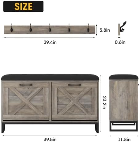 Maupvit Shoe Cabinet with 2 Flip Drawers & Coat Rack, Shoe Storage Bench with Seat Cushion for Entryway, 5 Large Sturdy Metal Hooks - with Locking Wall Parts, Washed Gray