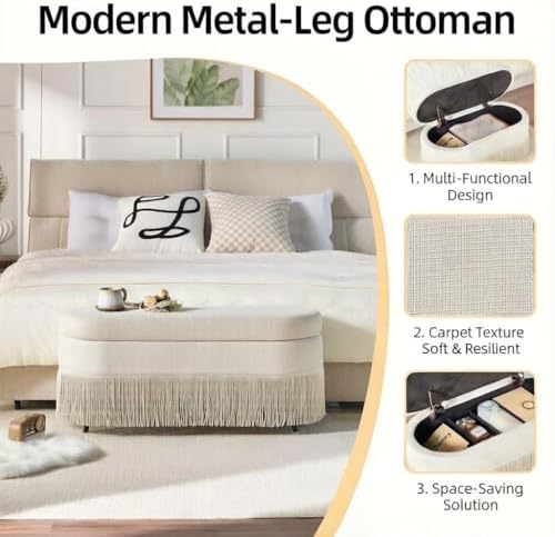 39.4“ Boho Storage Ottoman Bench with Tassels,Upholstered End of Bed Bench