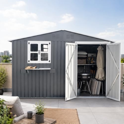 10x8 FT Outdoor Storage Shed with 2 Clear Windows, Metal Garden Shed with Flower Racks & Baskets, Outside Tool Shed with Lockable Double Doors, Waterproof Storage Building for Backyard, Gray