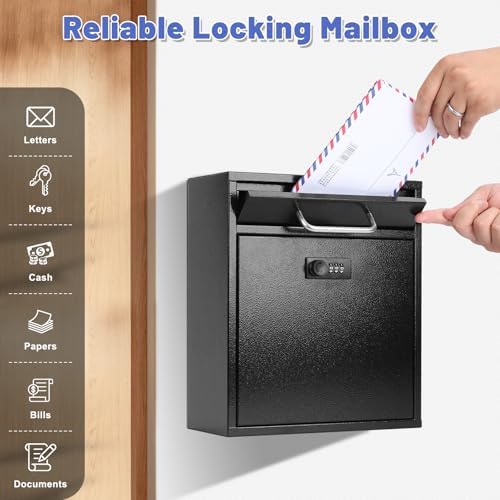 KYODOLED Mailbox for Outside, Combination Lock, Drop Box, 12 in, Black