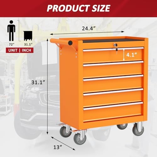 5 Drawers Rolling Tool Chest with Wheels, Portable Rolling Tool Boxes with Wheels, Tool Box Storage Cabinet with Locking System for Garage (Orange, 5 Drawers)