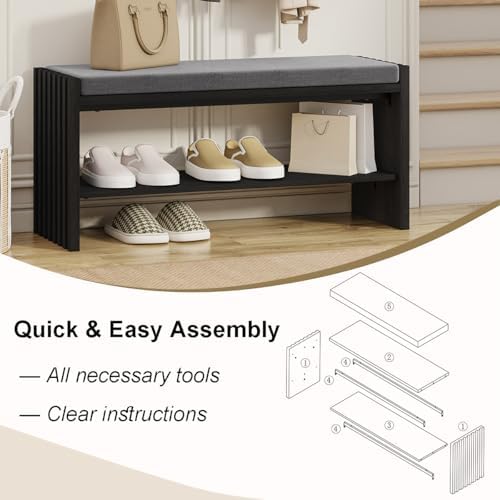BON AUGURE Entryway Shoe Bench with Storage & Cushion for Mudroom, Black