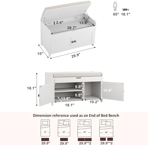 HOMEFORT 30" Shoe Bench with Lift Top Storage, Entryway Bench with Cushioned Seat, Wooden End of Bed Bench, Shoe Cabinet Bench with Hidden Storage Space, for Bedroom, Hallway,White
