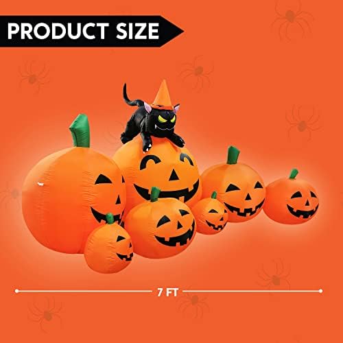Joiedomi 7 FT Long Halloween Inflatables Pumpkin Outdoor Decorations, 7 Pumpkins Outside Decoration with Witch's Cat with Build-in LEDs Blow Up Inflatables for Party Yard Lawn Garden Decor