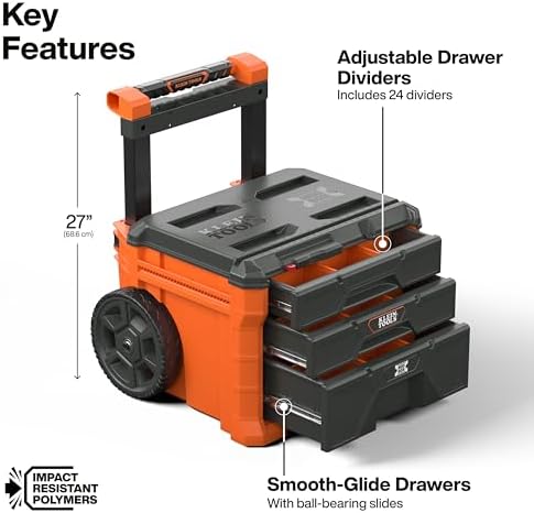 Klein Tools 54890MB MODbox Three Drawer Rolling Toolbox, Tool Storage, Ball Bearing Drawer Slides, Dividers Included
