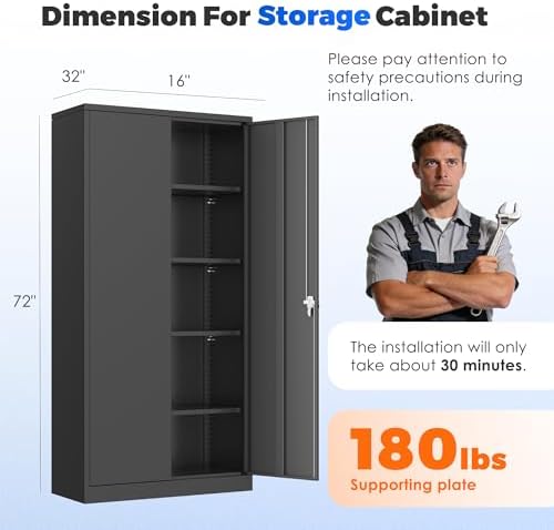 INTERGREAT Metal Garage Storage Cabinet with Lock, 72" Storage Cabinet with Locking Doors and 4 Adjustable Shelves, Lockable Steel Tool Cabinet for Home Office, School, Black