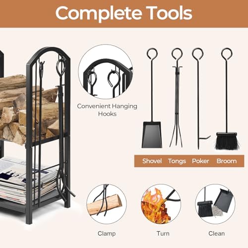 Tangkula 2-Tier Firewood Rack with 4 Fireplace Tools, 17.5''x12''x29.5''