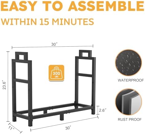 30 Inch Firewood Rack Outdoor Indoor with Handle and Log Carrier Bag, Stable Metal Wood Rack Heavy Duty Log Holder for Fireplace Patio Deck, Rustproof Firewood Storage Organizer Tool, Black, Square