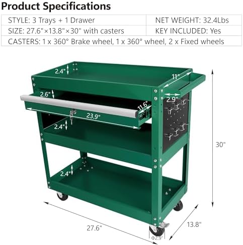 Tool Chest with Wheels, 3-Tier Rolling Tool Box with 1 Drawer & Hooks, Heavy Duty Utility Industrial Service Cart with Locking System Drawer for Garage, Warehouse & Repair Shop,Green