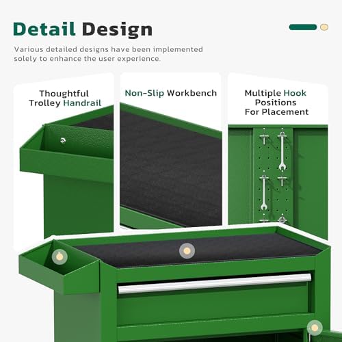 Greenvelly 5-Drawer Tool Chest with Wheels, Pre-Assembled Rolling Tool Chest, Detachable Top Tool Box, Lockable Design, Comes with Drawer Liners & Side Hooks for Garage Workshop Repair Room (Green)