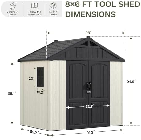 Devoko 8 x 6 FT Resin Storage Shed with Floor, Outdoor Plastic Shed