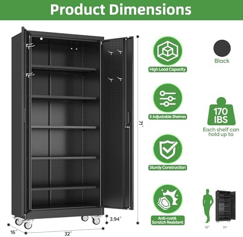 Reemoon 5 Adjustable 170 lb Shelves, Lockable Doors, Door pegboard and 4 Removable casters for Garage, Utility Storage.
