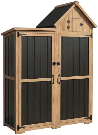 Outdoor Storage Cabinet Weatherproof with 3 Adjustable Shelves, 66'' H Wood & Metal Storage Shed with Lockable Doors & Waterproof Roof, Outside Garden Tool Sheds, Brown