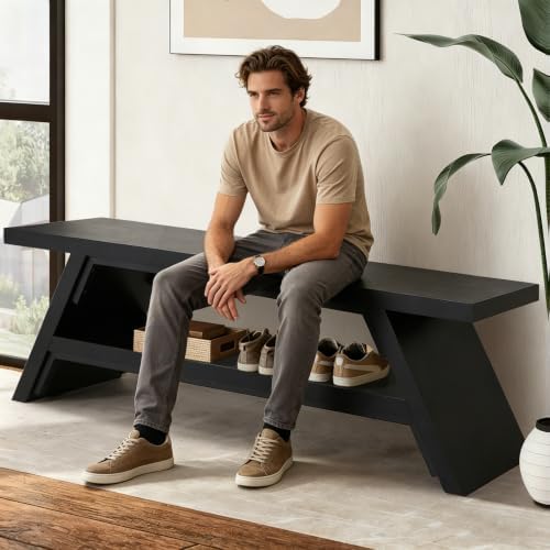 2-Tier Shoe Storage Bench, 55" Large Solid Wood Entryway Stool Storage