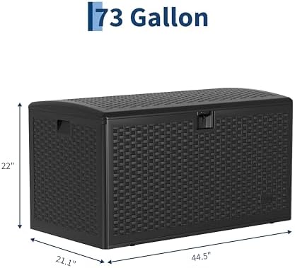 73 Gallon Waterproof Large Resin Deck Box Indoor Outdoor, Lockable Storage Container for Patio Furniture Cushions, Throw Pillows, Garden Tools, and Pool Floats, Black