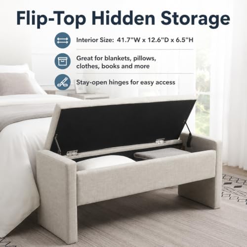 47.25 Inch Storage Ottoman Bench, Linen Upholstered, Light Grey
