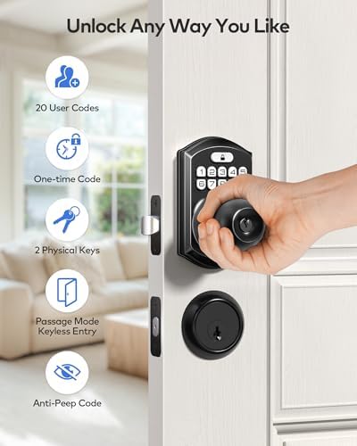 TEEHO TE003 Keypad Door Knob Lock, Keyless Entry Door Handle, Matte Black