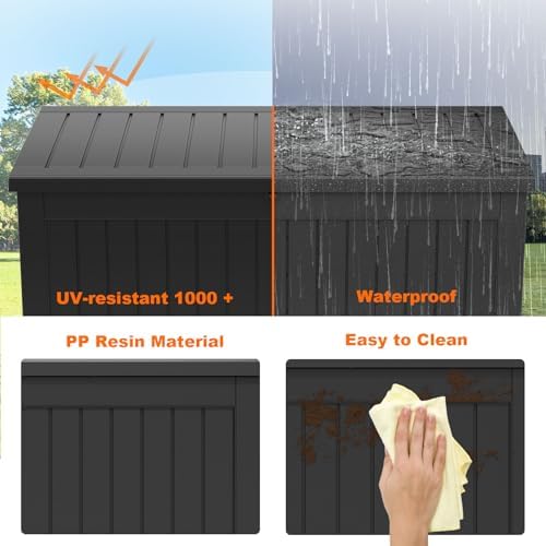 PatioZen 280 Gallon Outdoor Deck Box,Waterproof Resin Outdoor Storage Boxes, Outside Storage Lockable Container for Garden Tools,Indooor Cushions,Accessories (Black)