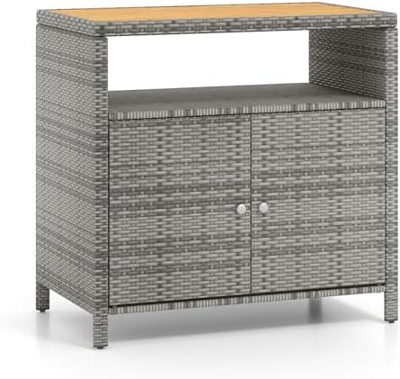 Rattan Storage Cabinet, Outdoor & Indoor Sideboards with Acacia Wood Countertop & Open Compartment, Wicker Patio Buffet Storage Bar Table for Garden Kitchen Poolside Backyard (Grey)