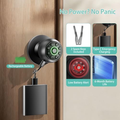 Fingerprint Door Lock with Keypad & Handle | Keyless Entry Smart Biometric Door Knob for Bedroom, Home Office Passcode Lock
