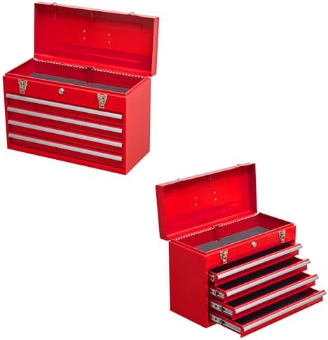 4 Drawers Metal Tool Box Portable Steel Tool Chest with Metal Latch Closure & Key Lock, 20" Powder Coating Top Storage Tray Toolbox with Handle, Suitable for Repair Shop & Garage (Red)
