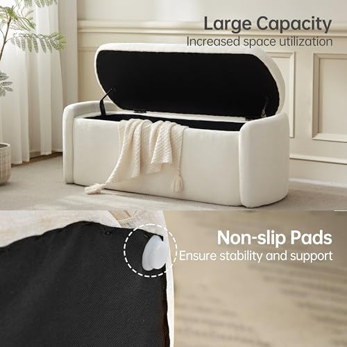 VKNOW Storage Bench, Upholstered Storage Ottoman Bench with Hinge, Cream
