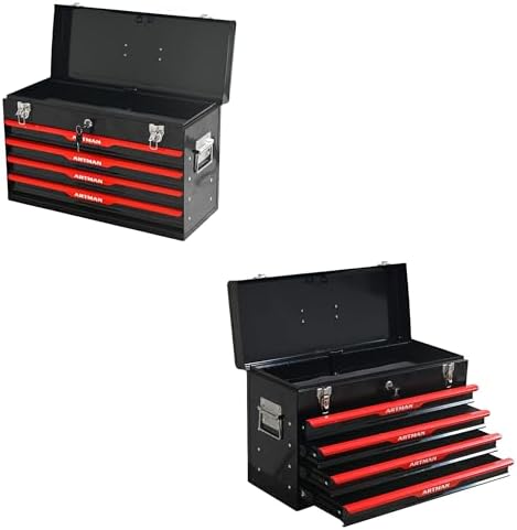 4 Drawer 21" Heavy Duty Metal Tool Box Portable Tool Chest with Metal Latch Closure & Security Key Lock, Top Storage Tray Toolbox with EVA Liners for Workbench, Garage & Warehouse (Black&Red)