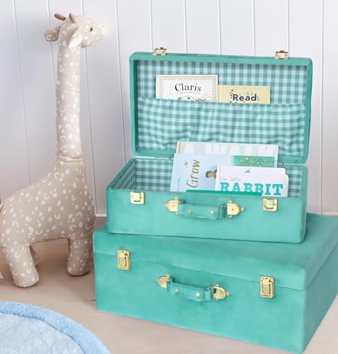HofferRuffer Velvet Storage Trunks with Wood Frame, Set of 2 Storage Chests with Handles, Bedroom Organizer Nesting Upholstered Decorative Boxes Hinged Lid with Gold Hardware Accents (Green Trunks)