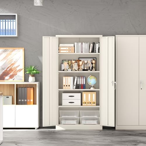 INTERGREAT Metal Garage Storage Cabinet with Lock, 72" Storage Cabinet with Locking Doors and 4 Adjustable Shelves, Lockable Steel Tool Cabinet for Home Office, School, Cream Grey