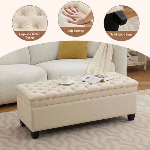 WUTUTUEE 50" Fabric Storage Ottoman Bench, Upholstered Rectangle End of Bed Storage Ottoman Tufted Living Room Bedroom Bench with Safety Hinge, Solid Wood Legs, Loads 500 lb(Khaki)