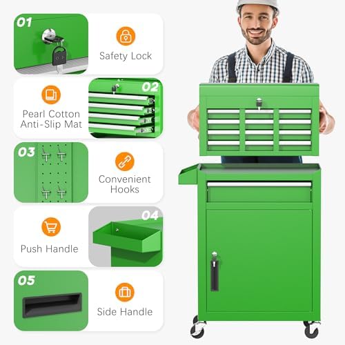 INTERGREAT Tool Chest Cabinet, 5-Drawer Rolling Tool Chest with Detachable Top Tool Box, Tool Chests with Universal Lockable Wheels, Metal Tool Cart for Garage, Workshop, Barbershop(Green)
