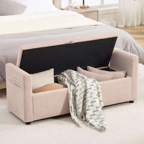 51" End of Bed Storage Bench, Upholstered Chenille Storage Ottoman for Bedroom, Living Room, Entryway, with Arms and 2 Pillows(Pink)